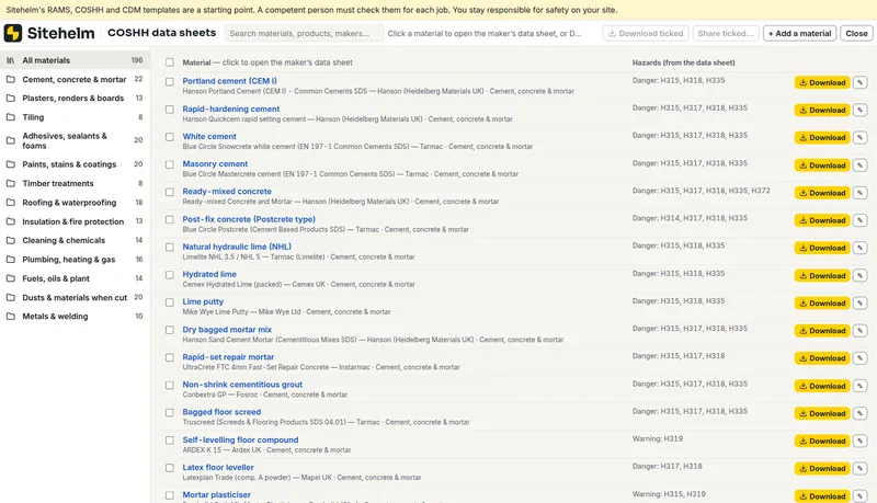 COSHH data sheets, in Sitehelm PRO