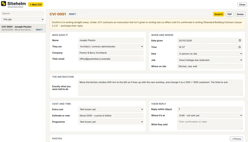 Confirm a verbal instruction, in Sitehelm PRO
