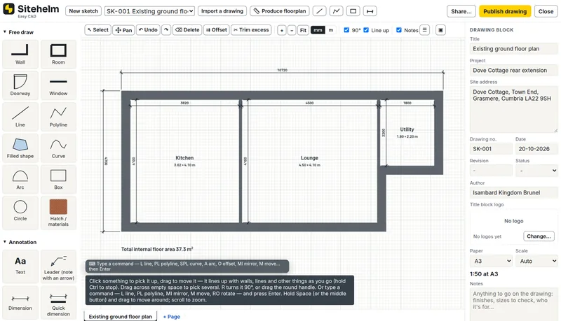 Easy CAD with a kitchen, lounge and utility drawn from their sizes, with dimensions and a floor area of 37.3 m²