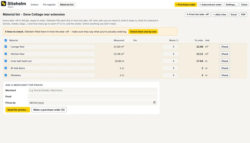 A material list from the take-off, in Sitehelm PRO