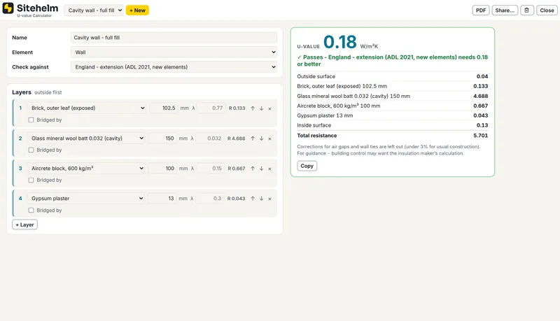 U-value calculator, in Sitehelm PRO