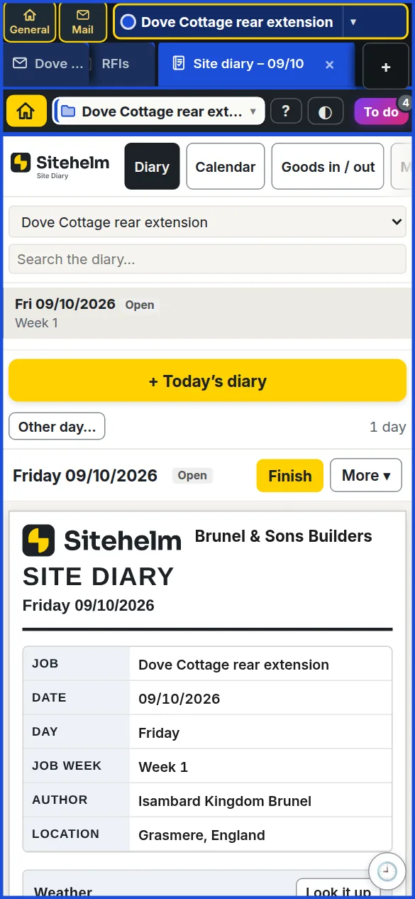 Sitehelm's site diary on a phone screen