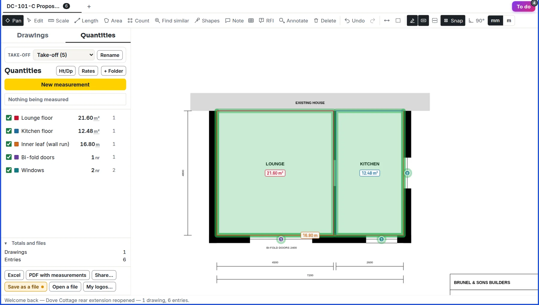 Sitehelm's take-off with a ground floor plan open. The lounge measures 21.60 m², the kitchen 12.48 m², the inner leaf 16.80 m, with one set of bi-fold doors and two windows counted.